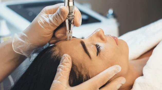 Close-up of professional microneedling treatment on woman’s face in a clinic