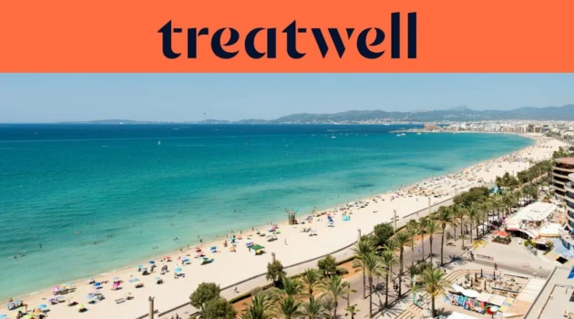 An aerial view of Playa de Palma in Mallorca, with a long curve of golden sand, rows of beach umbrellas, calm turquoise water, and a palm-lined promenade running alongside the city, with hills in the distance under a clear blue sky.