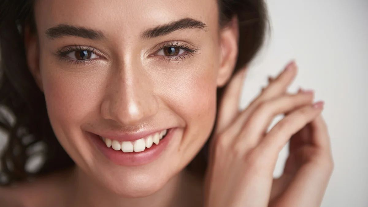 Close-up of a smiling woman’s face wearing light make-up and showing her glowing skin