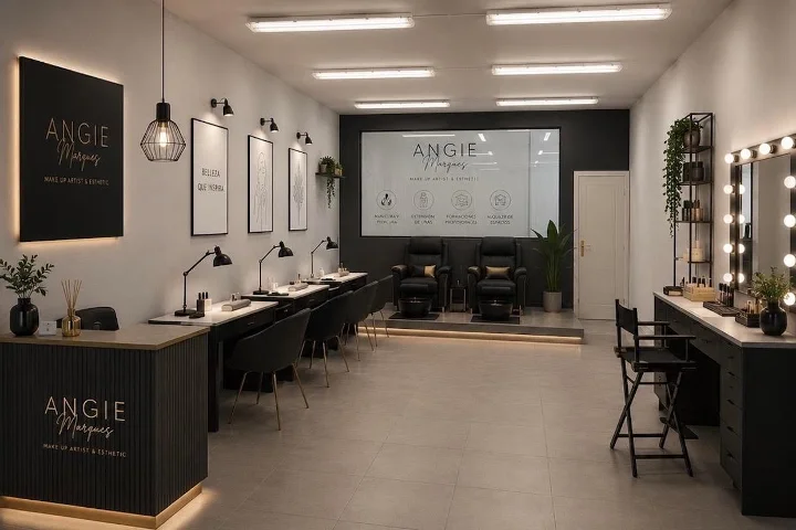 A sleek, modern beauty studio in black and gold, with the Angie Marques branding on the wall, a row of manicure chairs and lamps along one side, a raised platform with treatment chairs, and a bulb-lit make-up mirror to the right.