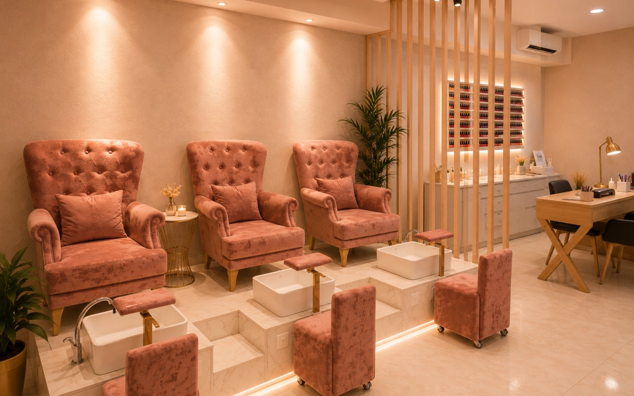 Un salon de pédicure et de beauté luxueux, baigné d'une lumière chaude, avec une palette de couleurs rose poudré. À gauche, trois fauteuils capitonnés moelleux de couleur vieux rose avec des coussins assortis sont alignés sur une estrade en marbre. Devant chaque fauteuil se trouvent une vasque carrée blanche dotée de robinets dorés et un petit tabouret roulant rose pour le technicien. Une cloison en lattes de bois sépare l'espace pédicure d'un poste de manucure situé à droite, ainsi que d'un présentoir mural rétroéclairé affichant des rangées de flacons de vernis à ongles.