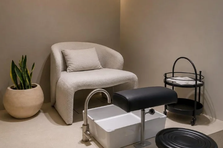 Un coin pédicure tranquille dans des tons taupe doux, avec un fauteuil bouclé crème incurvé et son coussin, un bain de pieds de pédicure blanc à repose-pieds noir, un chariot rond noir et une plante-serpent en pot.