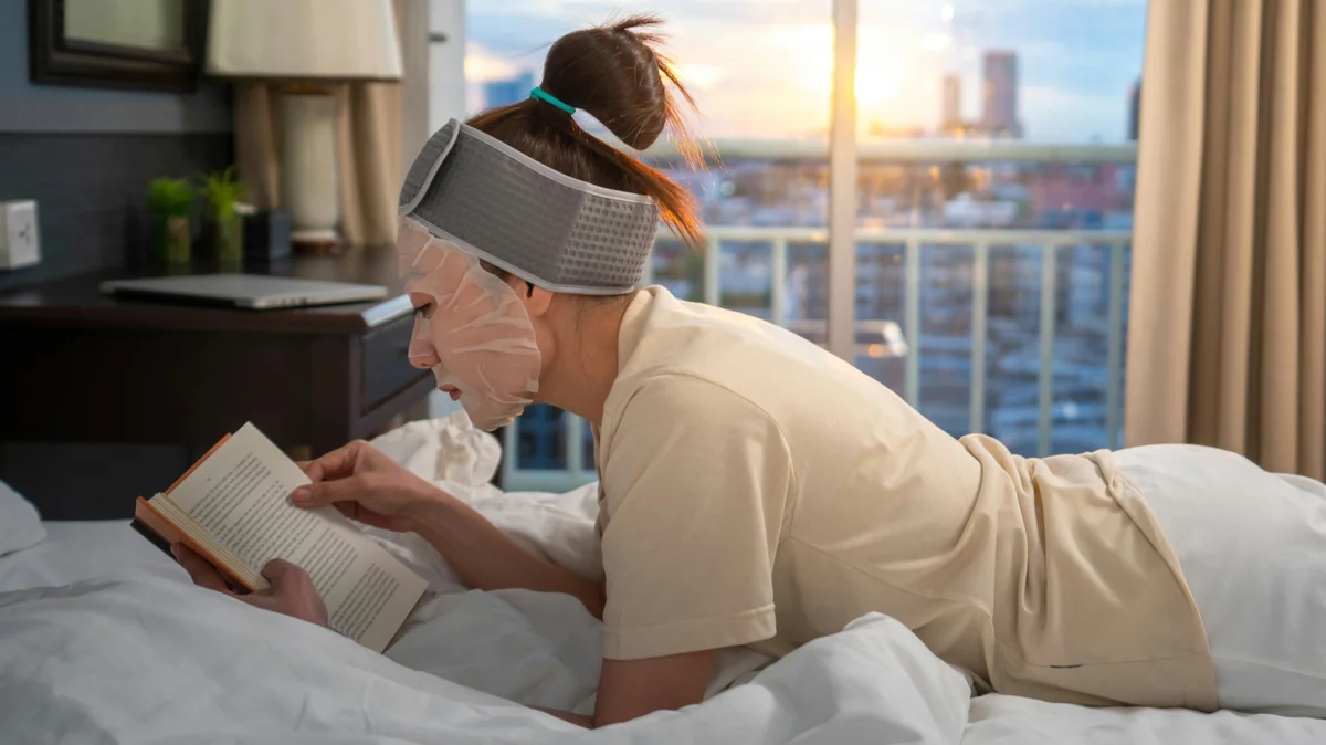 Vue de profil d'une femme allongée sur le ventre sur son lit chez elle, lisant un livre, avec un masque hydratant sur le visage et un bandeau de beauté