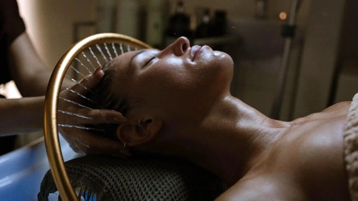 Close-up van een vrouw die ontspant met gesloten ogen tijdens een Japanese head spa-behandeling in een rustige salon
