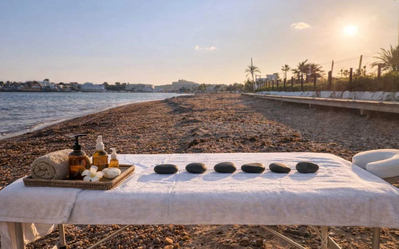 Een massagetafel opgesteld op een kiezelstrand op het gouden uur, met een opgerolde handdoek, een dienblad met amberkleurige olieflesjes, een frangipanibloem en een rij donkere hete stenen. De zee en een met palmen omzoomde kust strekken zich uit in de verte onder een warme avondhemel.